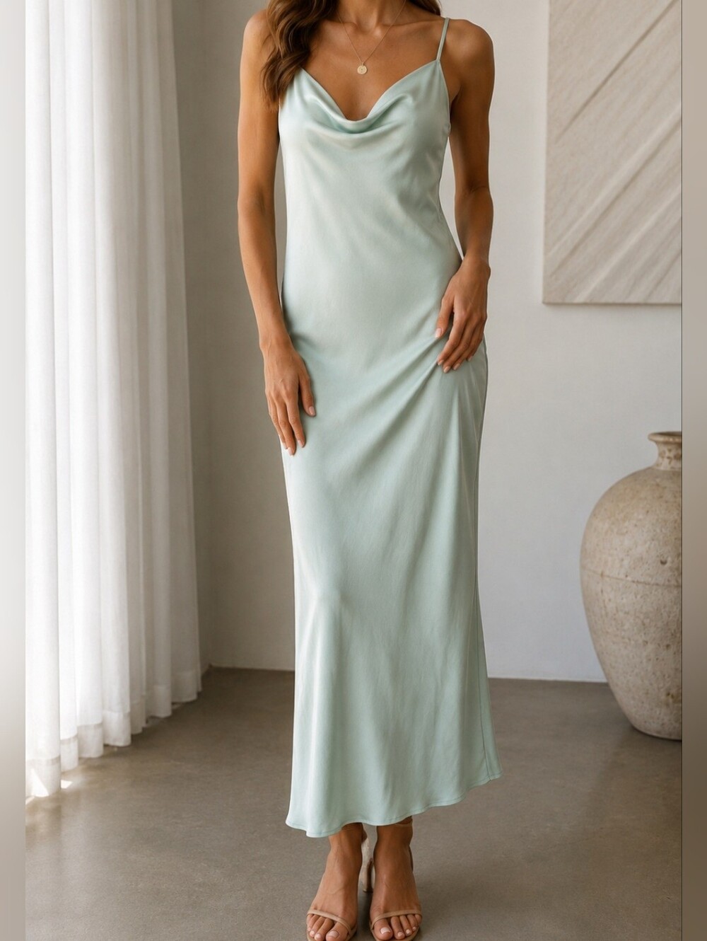 Young Fabulous & Broke Satin Slip Maxi Dress in Mint Green